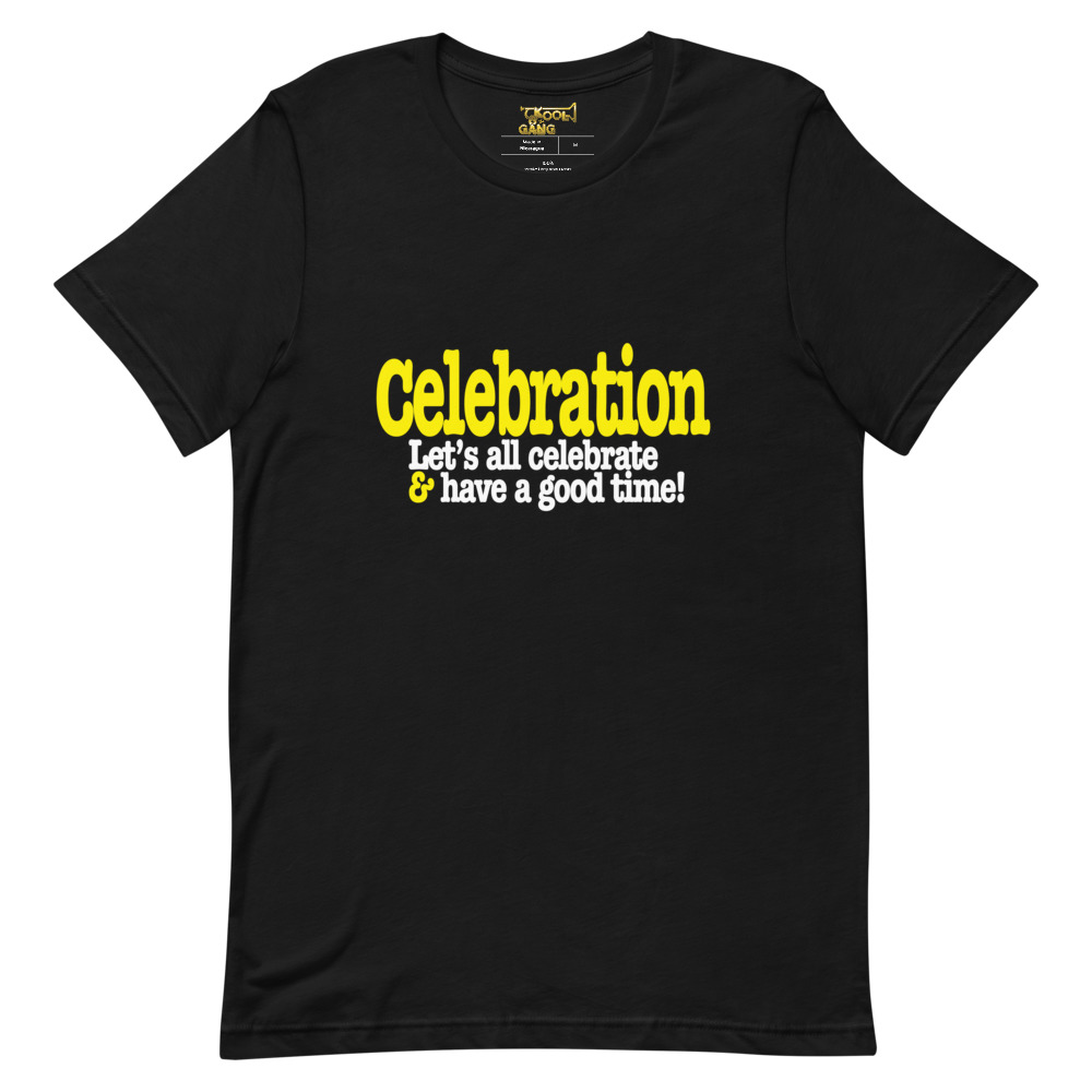 Celebration - Let's all celebrate & have a good time! Yellow/White Text T- shirt Kool The Gang Store